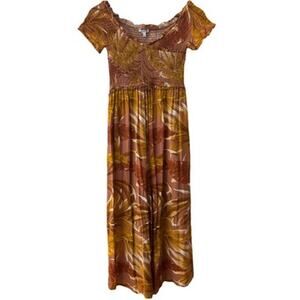 Patrons of Peace Rust Gold Tropical Leaf Wide Leg Jumpsuit Size Sm Boho Indie